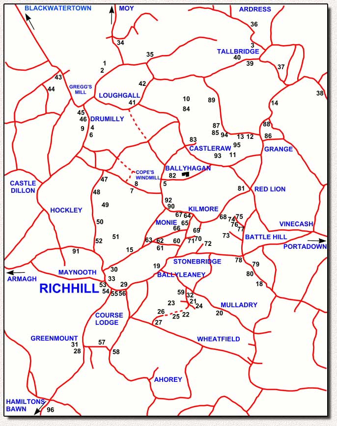Map showing the distribution of Quakers around Richhill in 1779