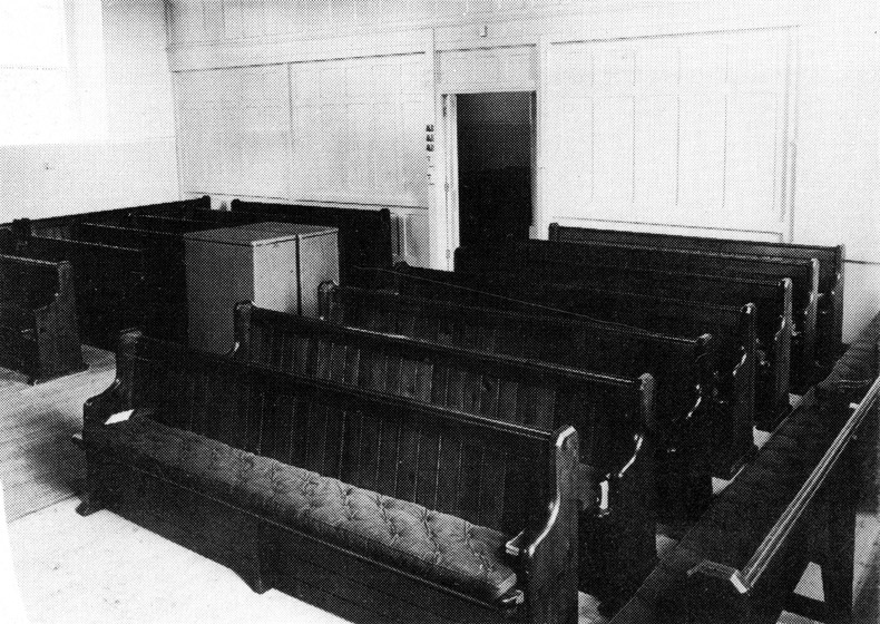Interior of the Large Meeting House, from the Minister's Gallery, 1984 Showing seats from the Belfast Meeting