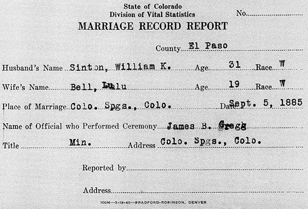 Marriage Record Report of William Azel Kelley Sinton and Lulu Elizabeth Bell