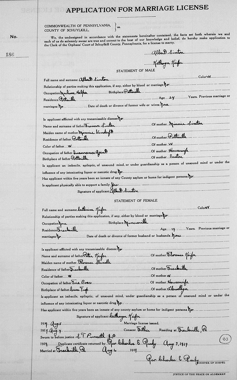 Marriage Registration of Albert Jonathan Sinton and Kathryn Rebecca Kiefer - 6 August 1919