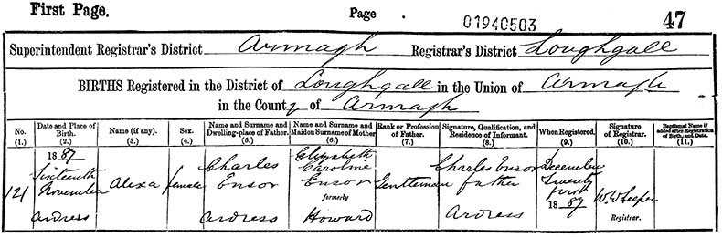 Birth Certificate of Alexa Ensor - 16 November 1887