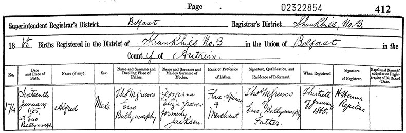 Birth Certificate of Alfred Greeves - 16 January 1865