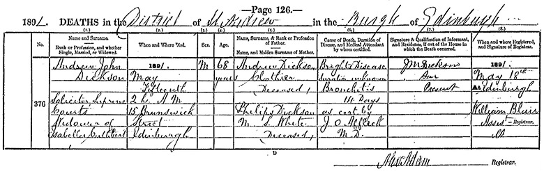 Death Certificate of Andrew John Dickson - 15 May 1891