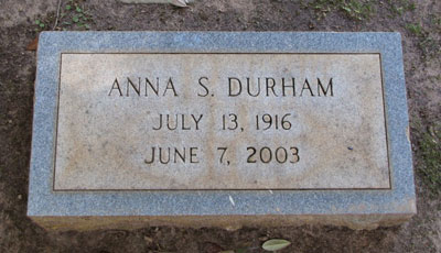 Headstone of Anna Sinton Durham 1916 - 2003