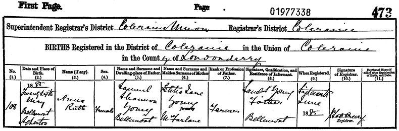 Birth Certificate of Anna Ruth Young - 26 May 1885