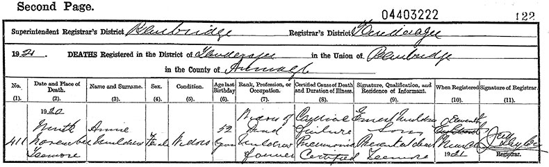 Death Certificate of Anne Muldrew (née Sinton) - 9 November 1920