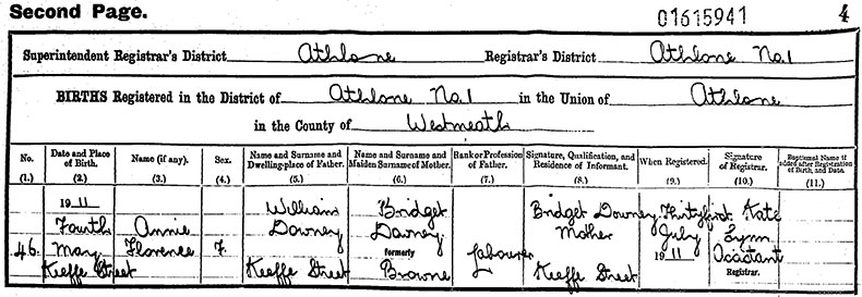 Birth Certificate of Annie Florence Downey - 4 October 1911