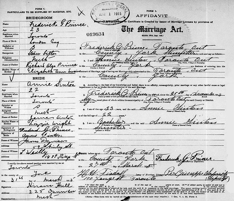 Marriage of Frederick G. Prince and Annie Sinton - 31 March 1915