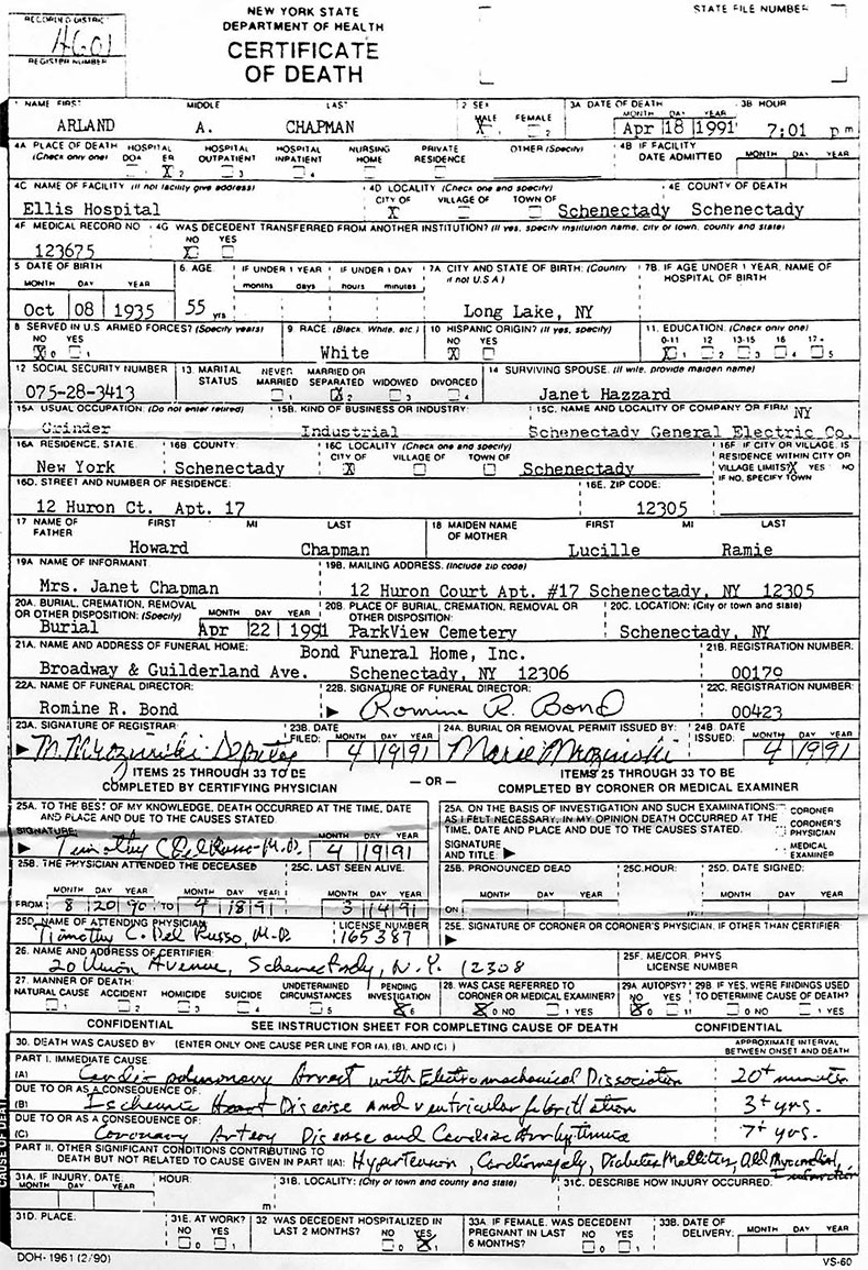Death Certificate of Arland Allen Chapman - 18 April 1991