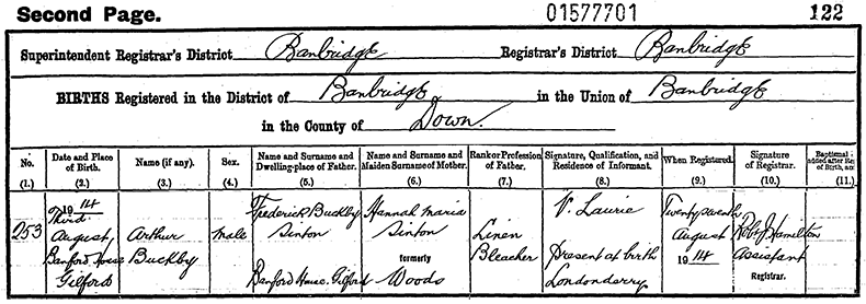 Birth Certificate of Arthur Buckby Sinton - 3 August 1914