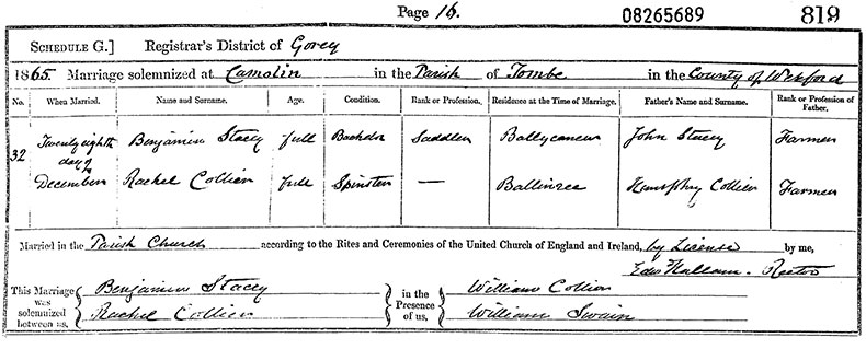 Marriage Certificate of Benjamin Stacey and Rachel Collier - 28 December 1865