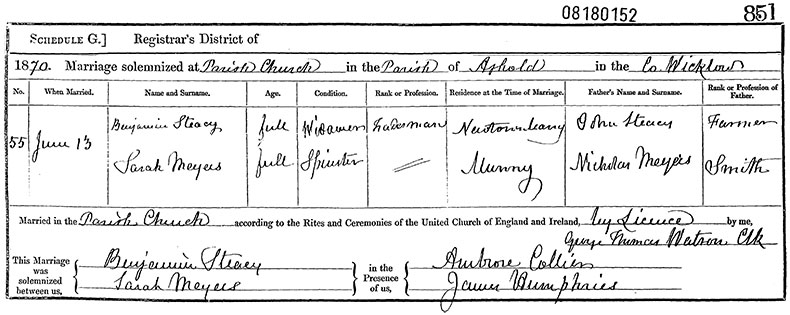 Marriage Certificate of Benjamin Stacey and Sarah Meyers - 13 June 1870