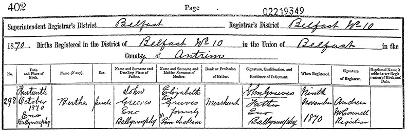 Birth Certificate of Bertha Greeves - 14 October 1870