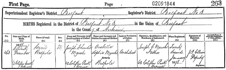 Birth Certificate of Cecil Walpole Marsh - 11 December 1877