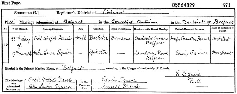 Marriage Certificate of Cecil Walpole Marsh and Helen Laura Squire - 23 September 19159