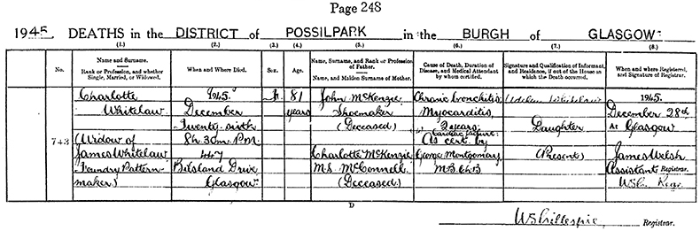 Death Certificate of Charlotte (née McKenzie) - 26 December 1945