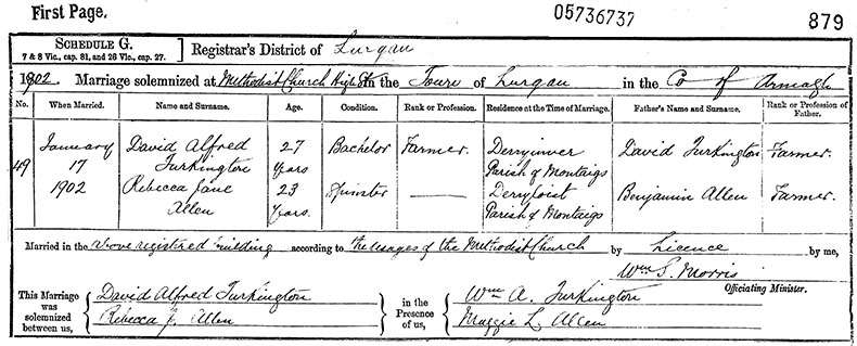 Marriage Certificate of David Alfred Turkington and Rebecca Jane Allen - 17 January 1902