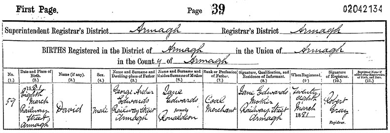 Birth Certificate of David Edwards - 8 March 1881