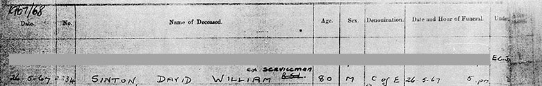 Burial record for David William Sinton 1887 - 1967