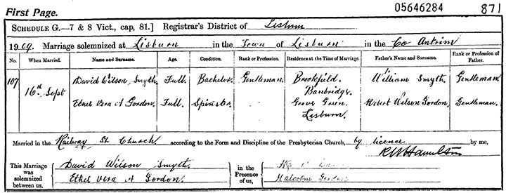 Marriage Certificate of David Wilson Smyth and Ethel Vera A. Gordon - 16 September 1909