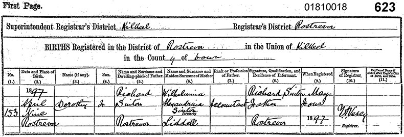 Birth Certificate of Dorothy Sinton - 9 April 1897