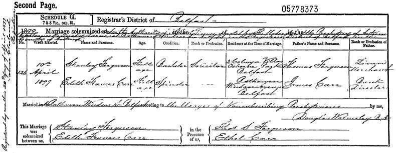 Marriage Certificate of Stanley Ferguson and Edith Frances Carr - 10 April 1899