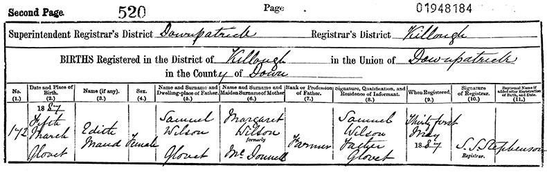 Birth Certificate of Edith Maude Wilson - 5 March 1887
