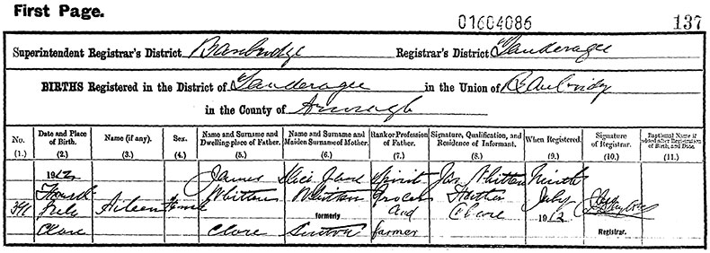 Birth Certificate of Eileen Whitten - 4 July 1912