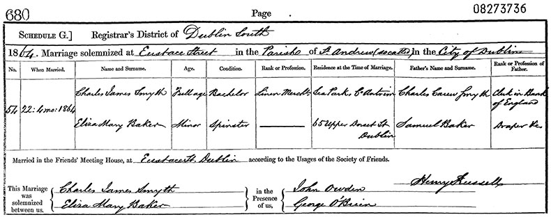 Marriage Certificate of Charles James Smyth and Eliza Mary Baker - 22 April 1864