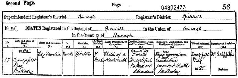 Death Certificate of Elizabeth Camblin - 21 May 1885