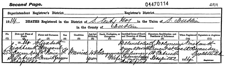 Death Certificate of Elizabeth Margaret MacNeice (née Clisham) - 18 December 1914