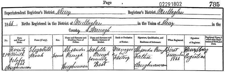 Birth Certificate of Elizabeth Sarah Pringle - 29 October 1866