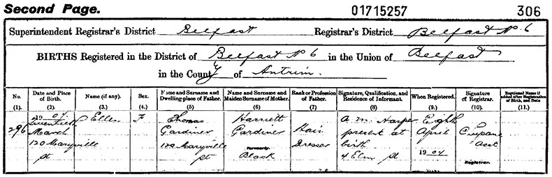 Birth Certificate of Ellen Gardiner - 20 March 1904