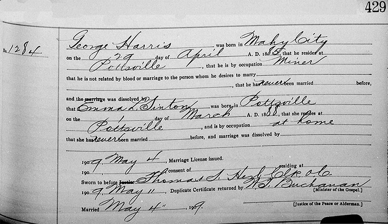 Marriage Registration of George Edward Harris and Emma L. Sinton - 4 May 1909