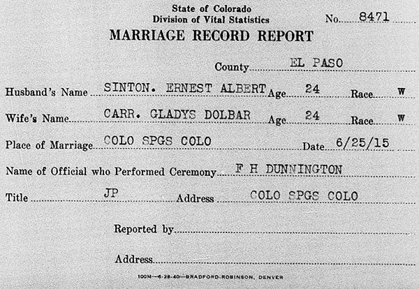 Marriage Record Report of Ernest Albert Sinton and Gladys Dolbar Carr