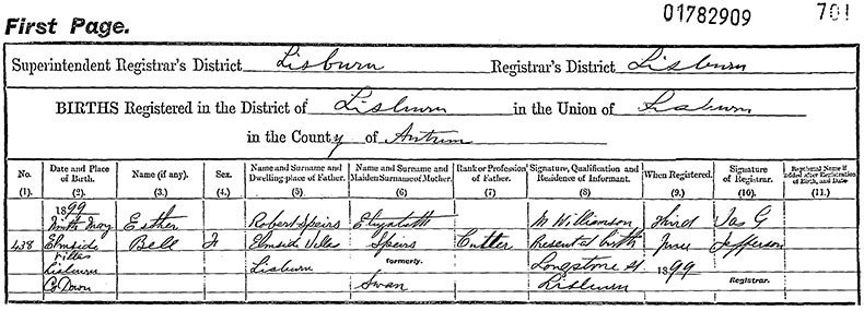 Birth Certificate of Esther Bell Speirs - 9 May 1899