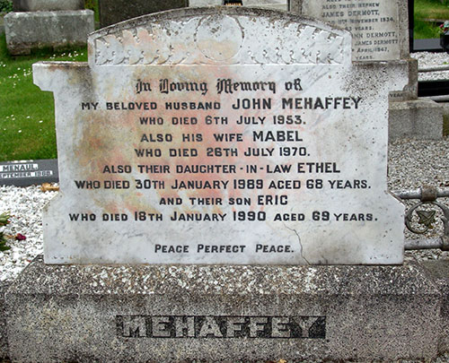 Headstone of Mabel Mehaffey (née Sinton) 1886 - 1970