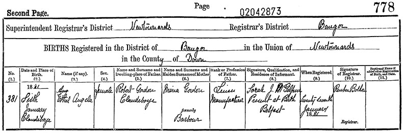 Birth Certificate of Ethel Vera Angela Gordon - 6 January 1881