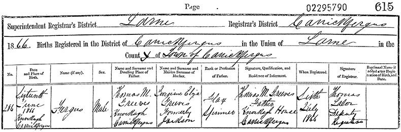 Birth Certificate of Fergus MacGregor Greeves - 16 June 1866