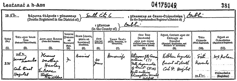 Death Certificate of Florence Dorothea Healy (née Stewart) - 2 November 1952