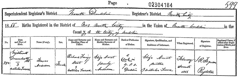 Birth Certificate of Frances Anderson Hunt - 	18 December 1866
