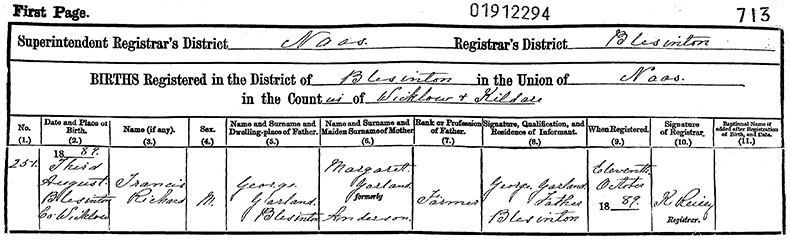 Birth Certificate of Francis Richard Garland - 3 August 1889