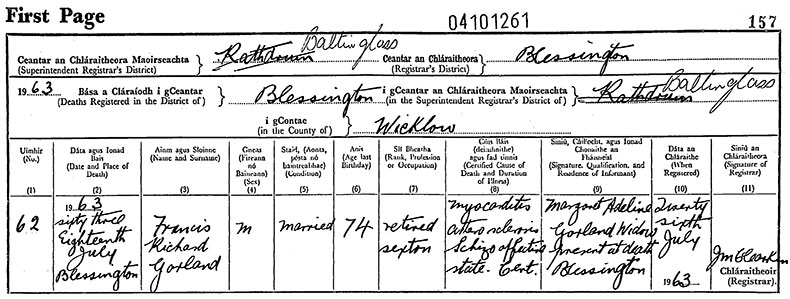Death Certificate of Francis Richard Garland - 6 December 1939