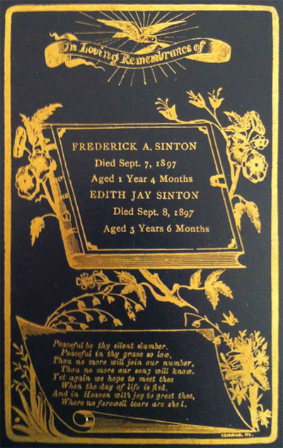 Memorial Card for Frederick A. Sinton 1896-1897