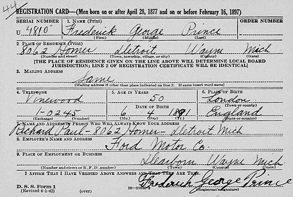 World War II Draft Registration of Frederick George Prince