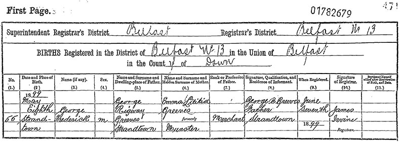 Birth Certificate of George Frederick Greeves - 8 May 1899