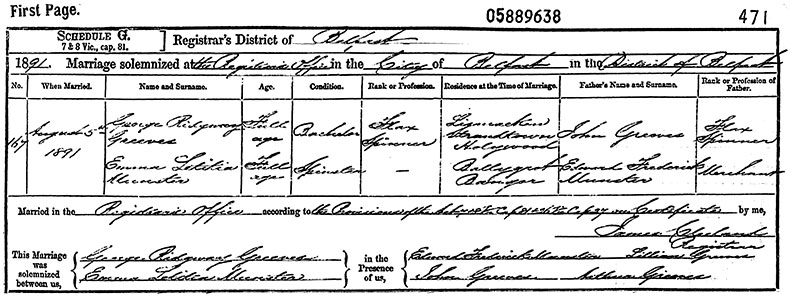Marriage Certificate of George Ridgway Greeves and Emma Letitia Munster - 5 August 1891