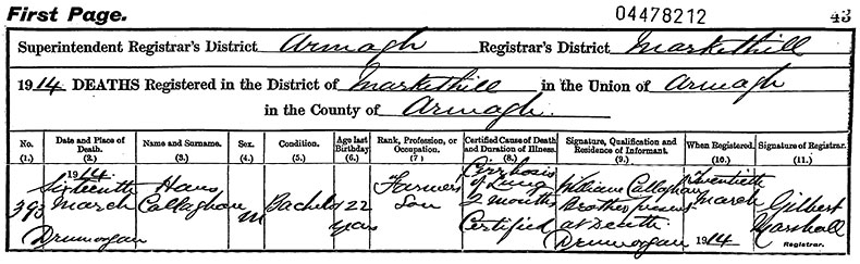 Death Certificate of Hans Callaghan - 16 March 1914