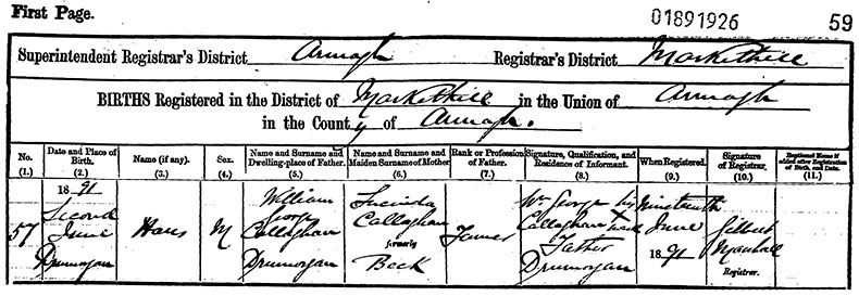 Birth Certificate of Hans Callaghan - 2 June 1891