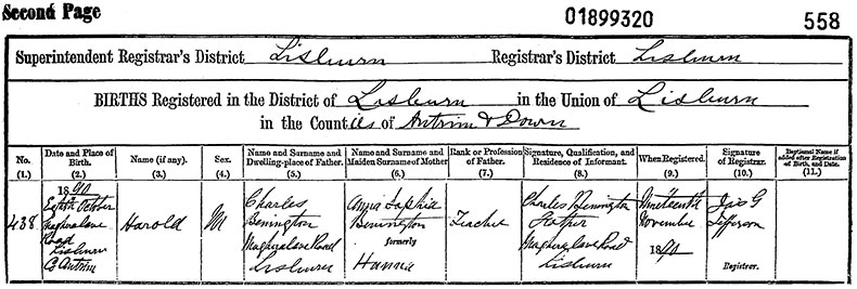 Birth Certificate of Harold Benington - 8 Octobber 1890